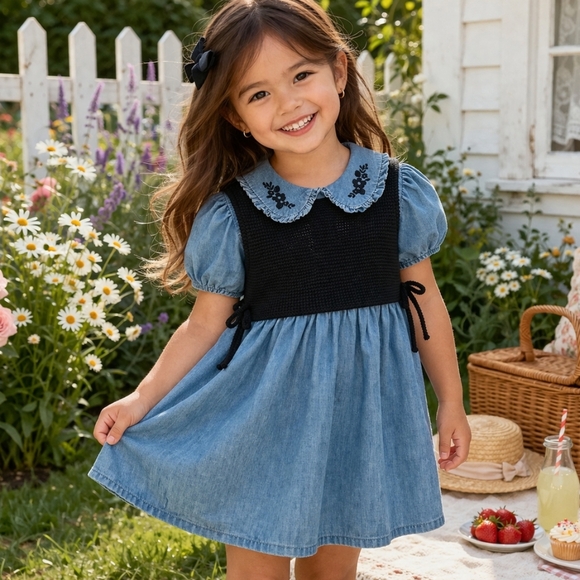 Rachel Zoe Other - Rachel Zoe Dress 4T Denim Chambray Embroidered Collar Crochet Bodice Cottagecore